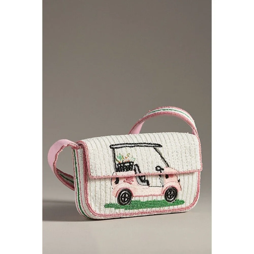 Anthropologie Pink and White Beaded Crossbody Bag